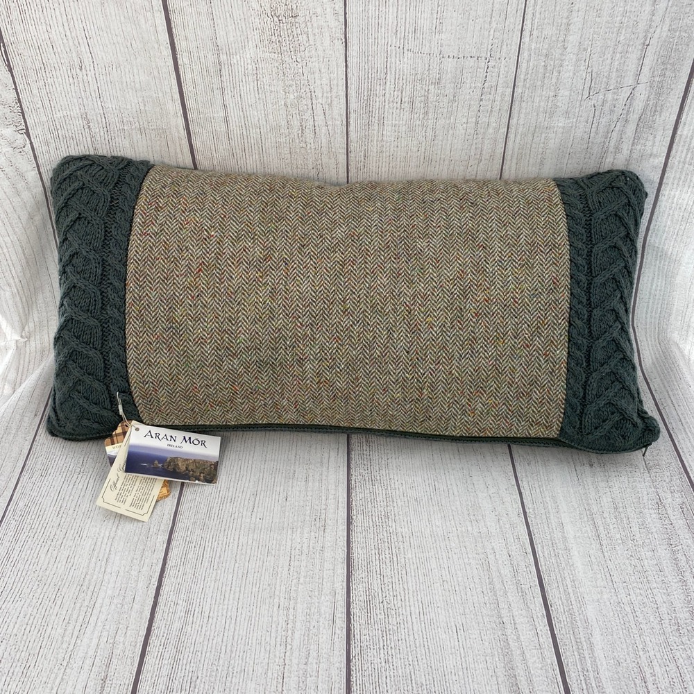Aran Mor Lumbar Pillow Green Herringbone Tweed Cable Knit Wool Ireland Celtic